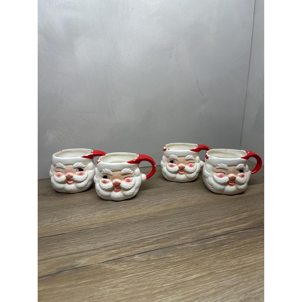 VTG 1950s Lee Wards Ceramic Winking Santa Mug Set of 4 Thatched Beard 3 Inch